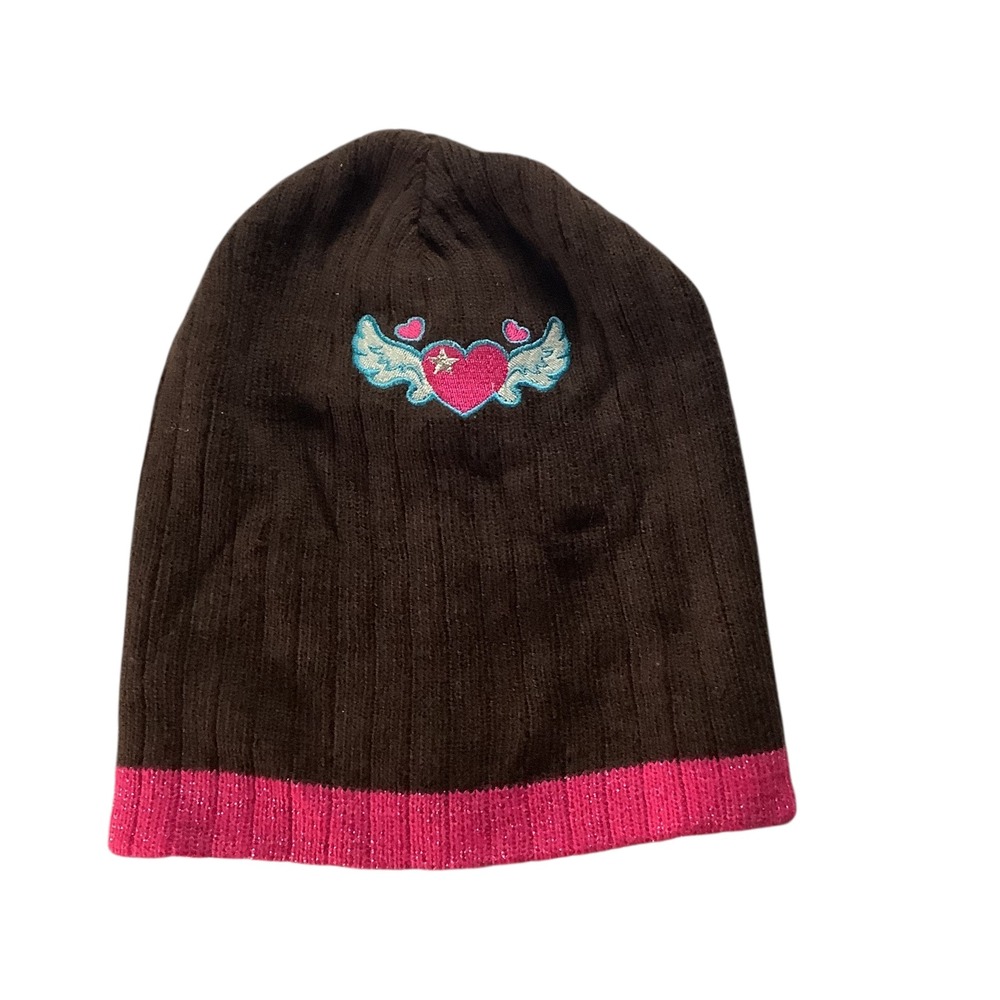 Toby Nyc Kids Beanie Hat Girls Brown‎ Pink Heart Wings Embroidered Size 4-10